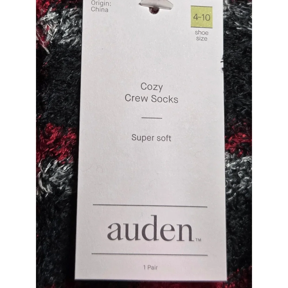 Auden Cozy Crew Socks Red Black White Buffalo Plaid Fuzzy Soft Shoe Size 4-10
